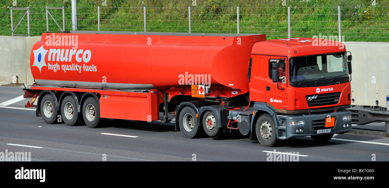 Murco fuel tanker on motorway includes Hazchem Hazardous Chemicals and Dangerous Goods warning sign Stock Photo