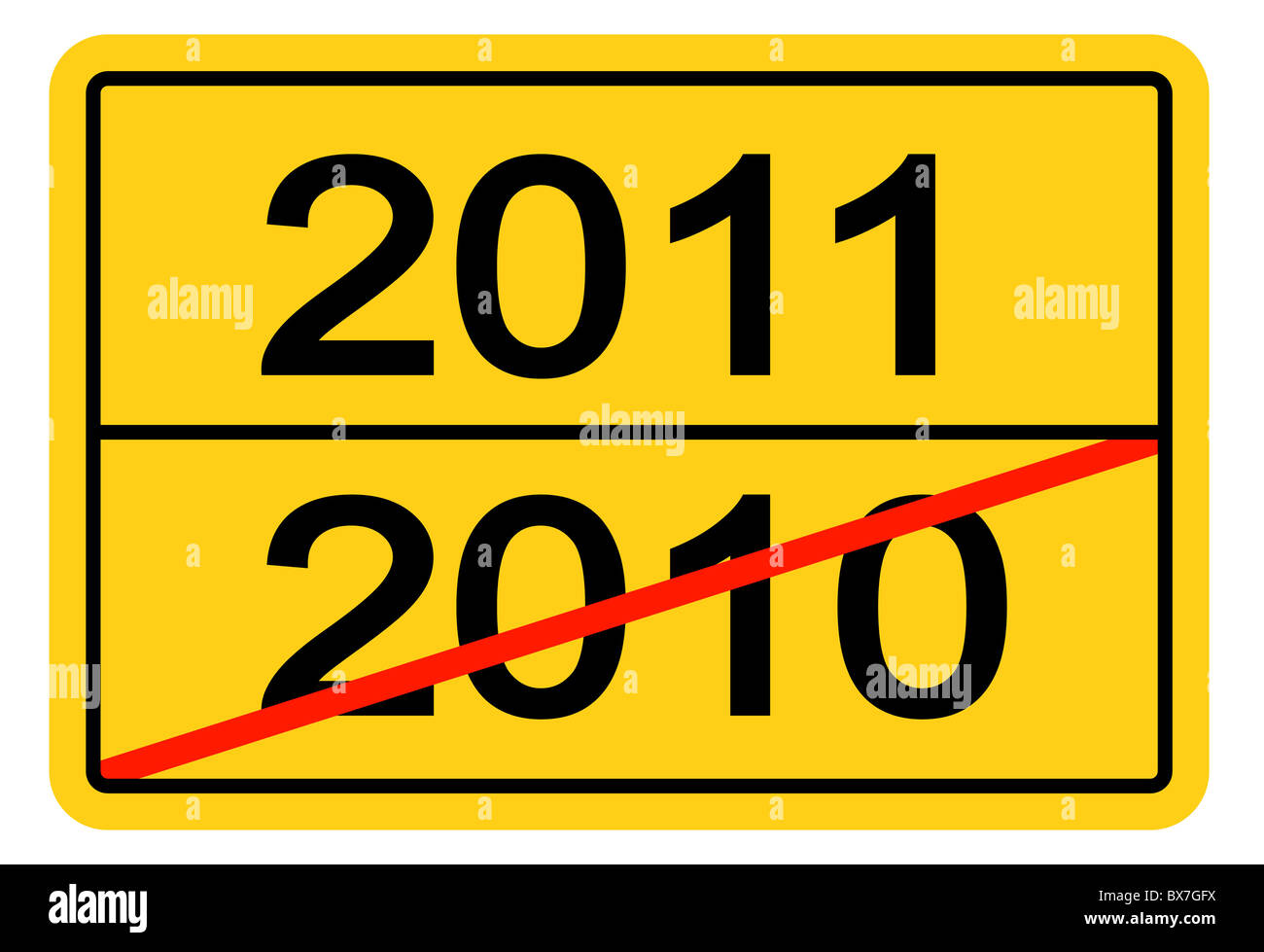 Stylized city limit sign with a canceled year 2010 and the upcoming year 2011. Stock Photo
