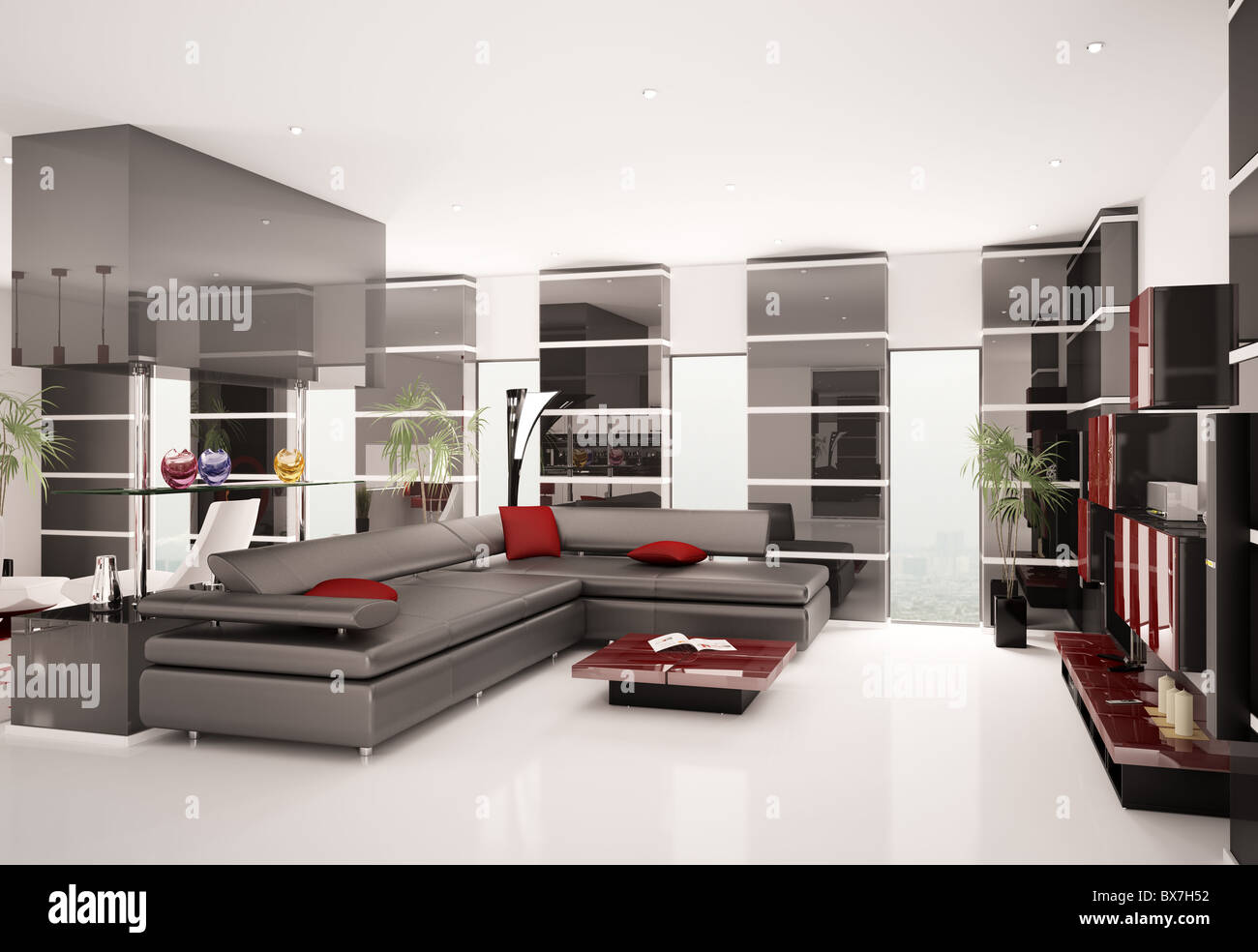 Modern living room with black leather sofa interior 3d render Stock ...