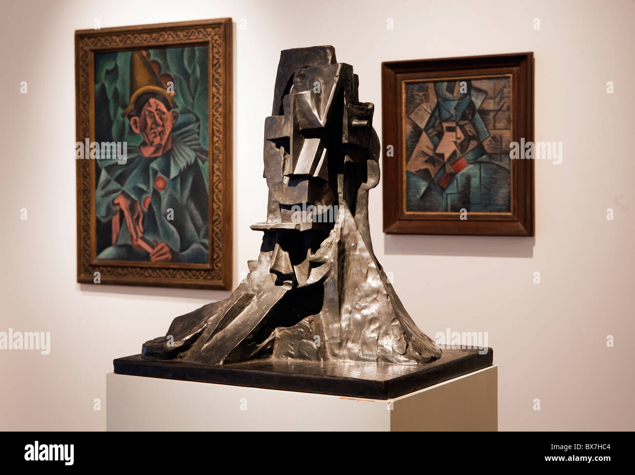 Cubist sculpture by Otto Gutfreund and paintings by Bohumil Kubista in the museum of Cubism in cubist building 'House of the Stock Photo