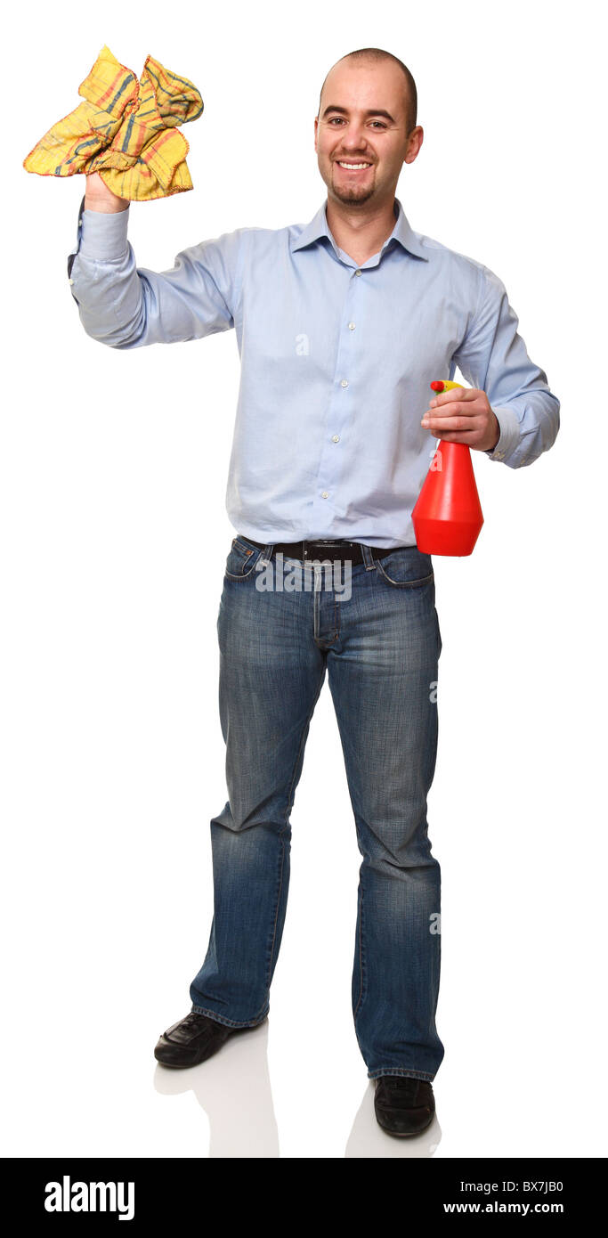 portrait of white man cleaning isolated on background Stock Photo