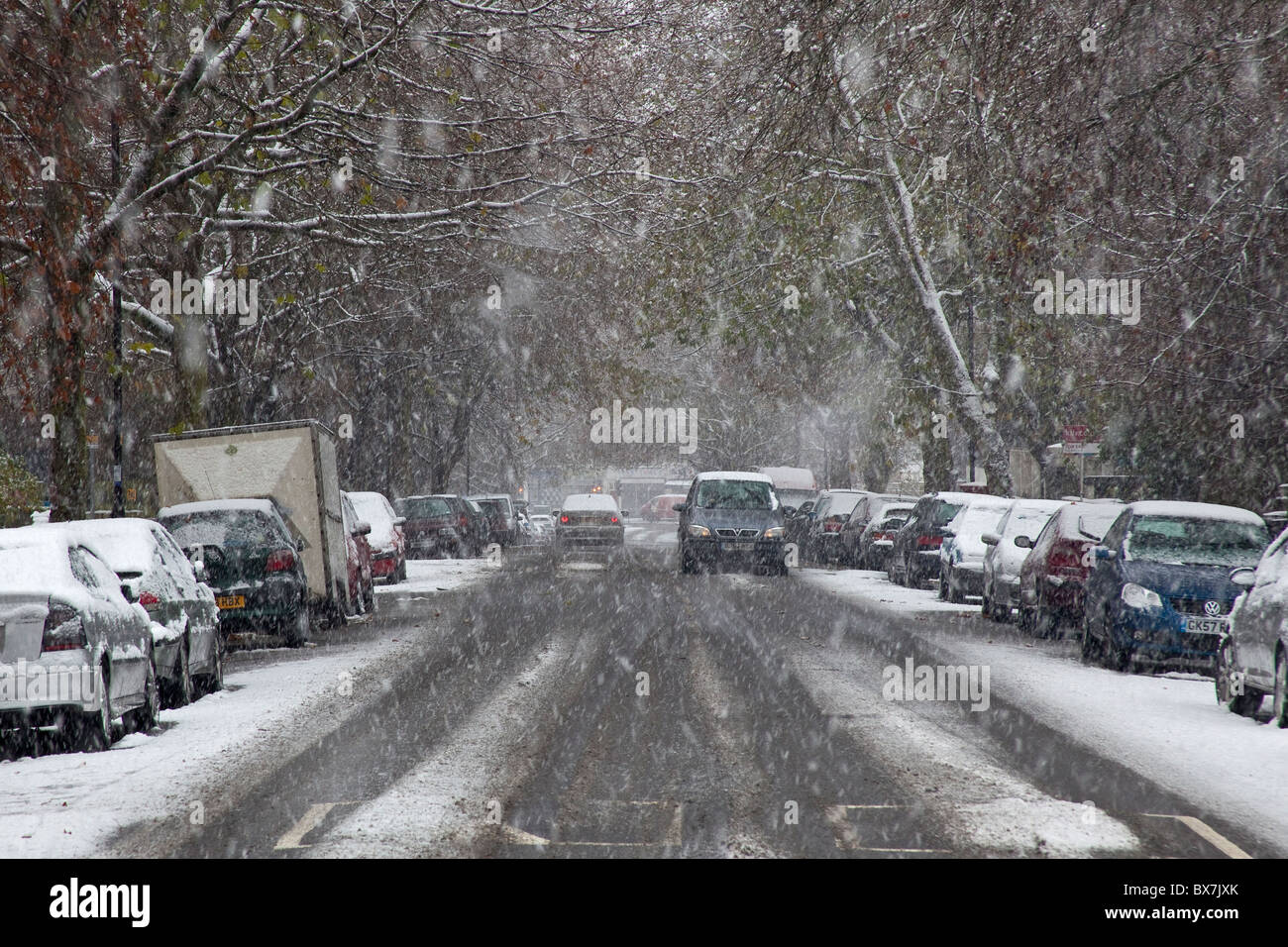 London, Brockley (Lewisham) Snowy driving conditions December 2010 Stock Photo