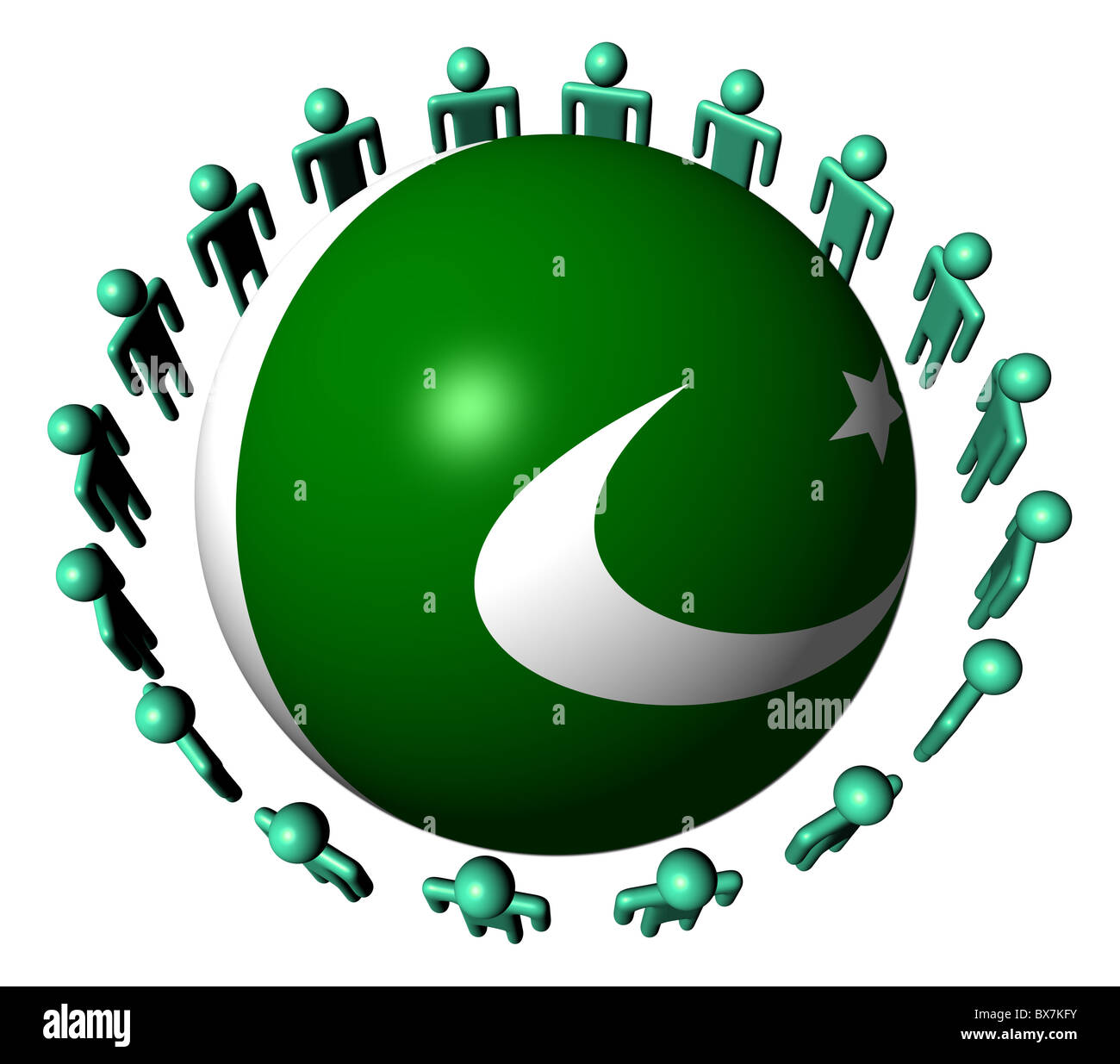Circle of abstract people around Pakistani flag sphere illustration Stock Photo