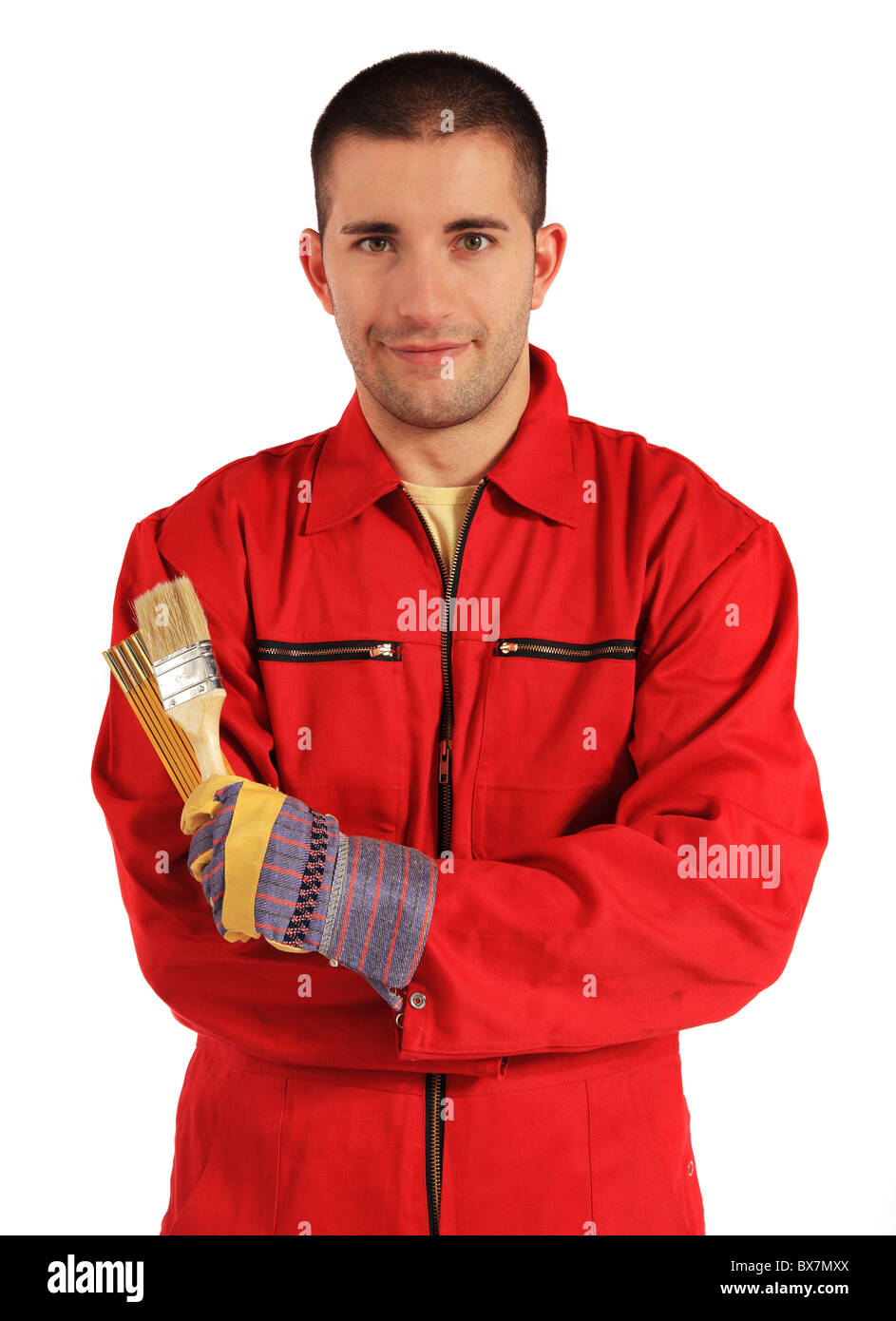 Young painter in red overall. All on white background Stock Photo - Alamy