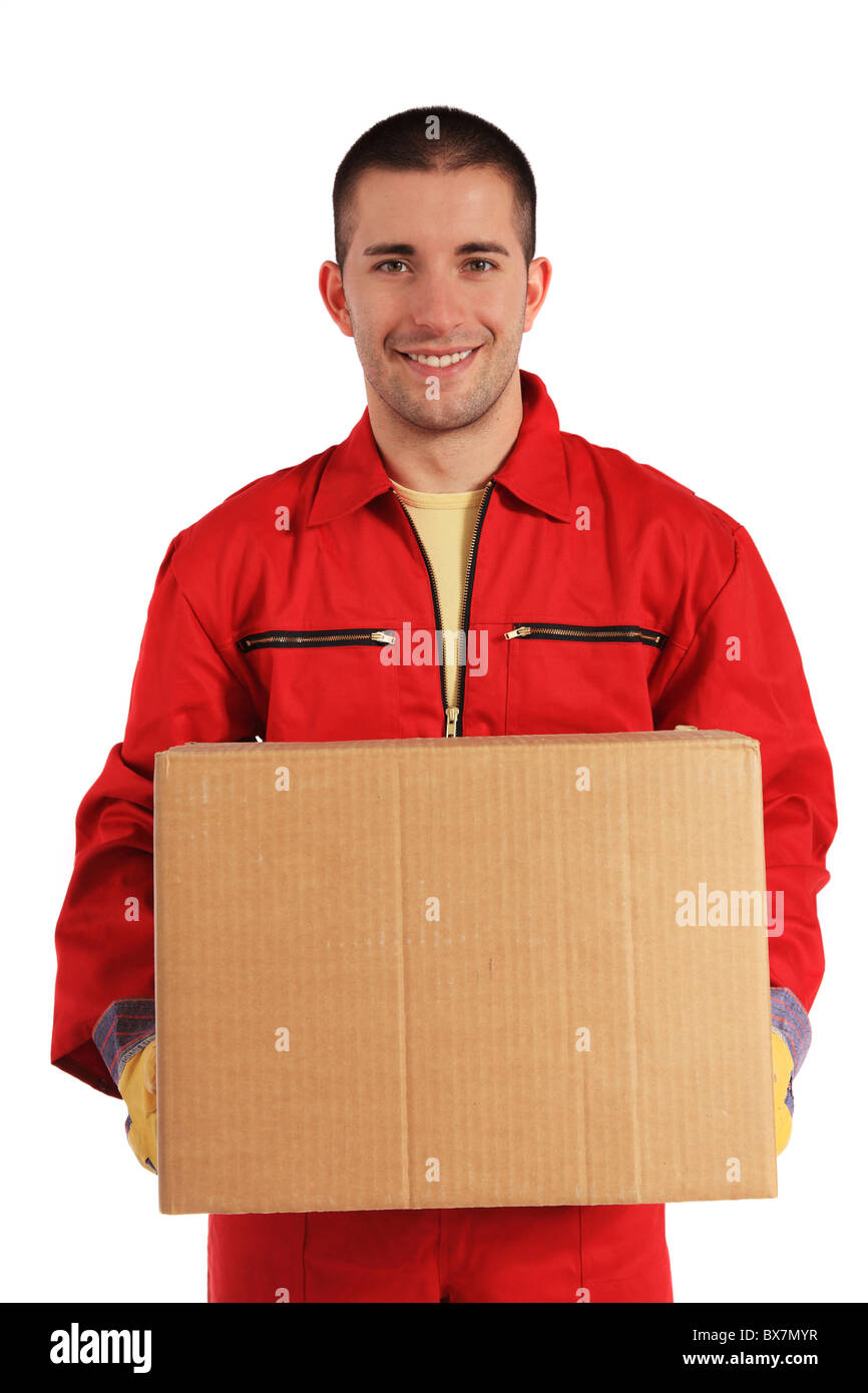 Motivated worker of an moving company in red overall. All on white background. Stock Photo