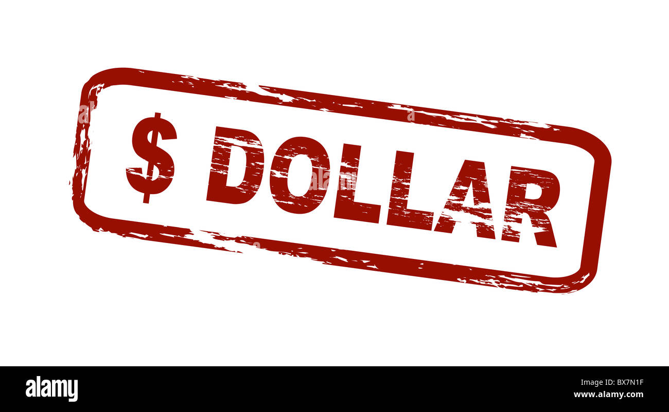 Stylized red stamp showinga dollar sign and the word dollar. All on