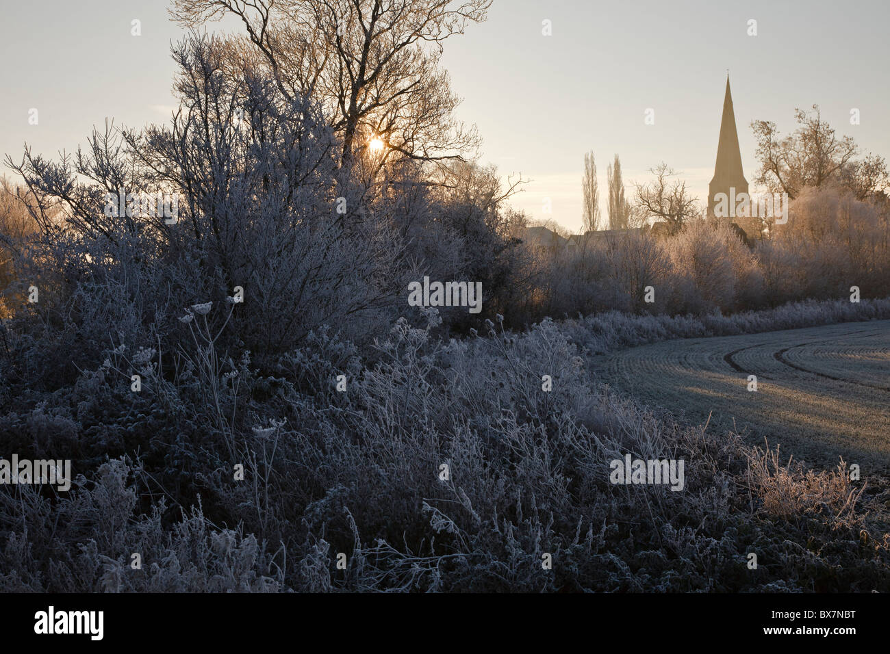 Frosty winter morning, looking towards Spaldwick village church near ...