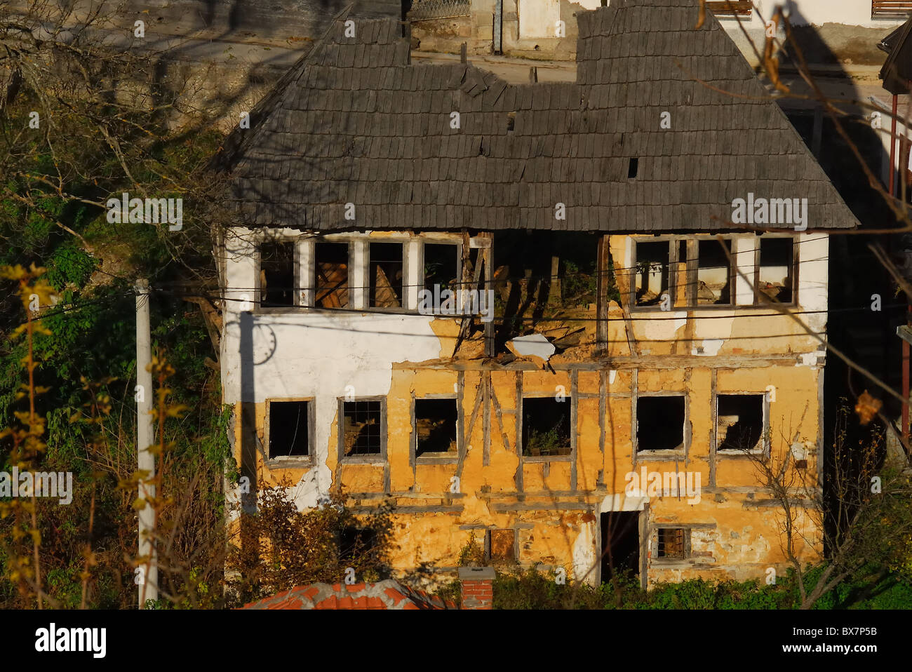 Srebrenica, Bosnia, muslim houses destroyed by the members of the Serbian paramilitary groups and the Army of Srpska Republic. Stock Photo