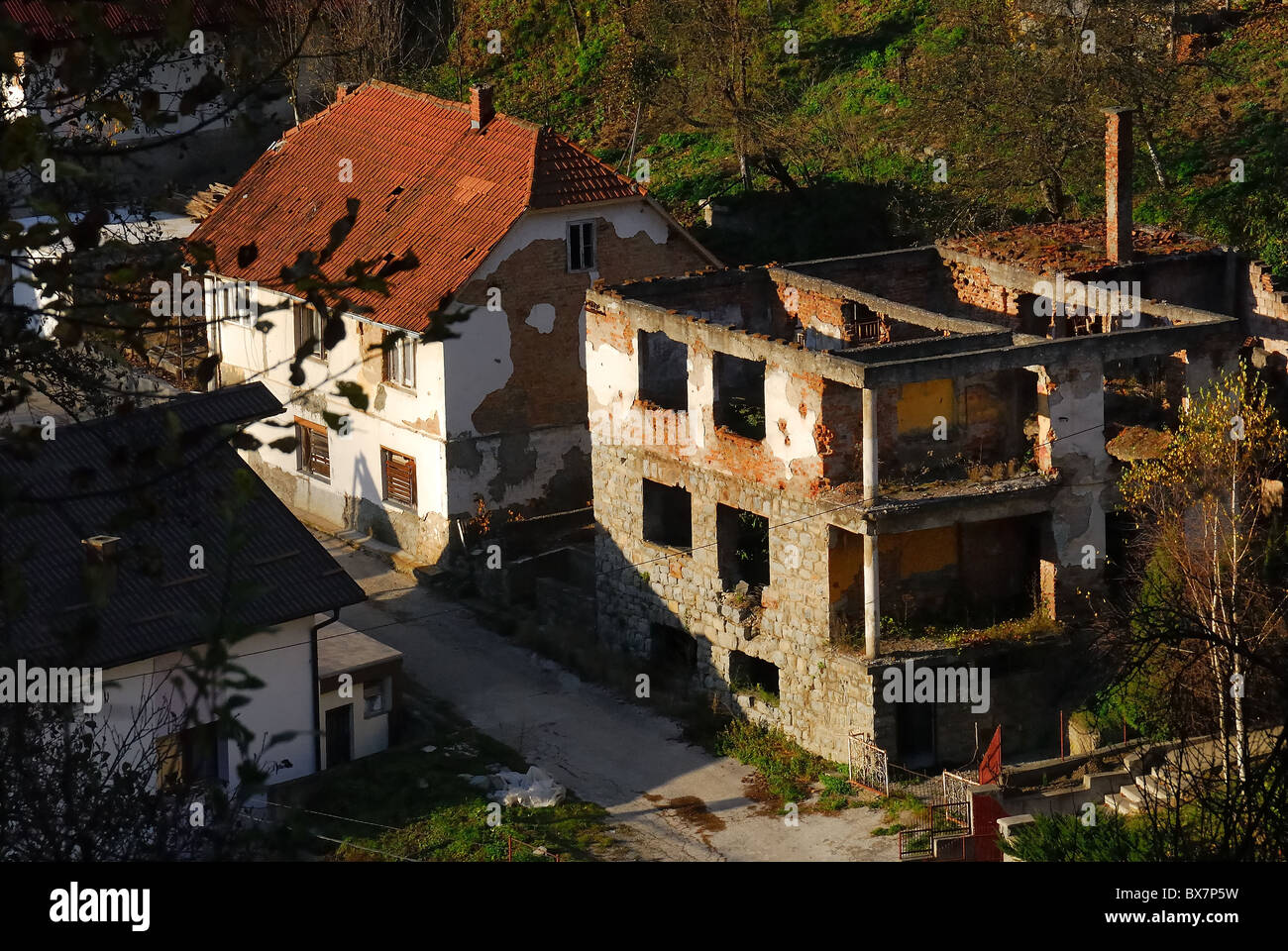 Srebrenica, Bosnia, muslim houses destroyed by the members of the Serbian paramilitary groups and the Army of Srpska Republic. Stock Photo