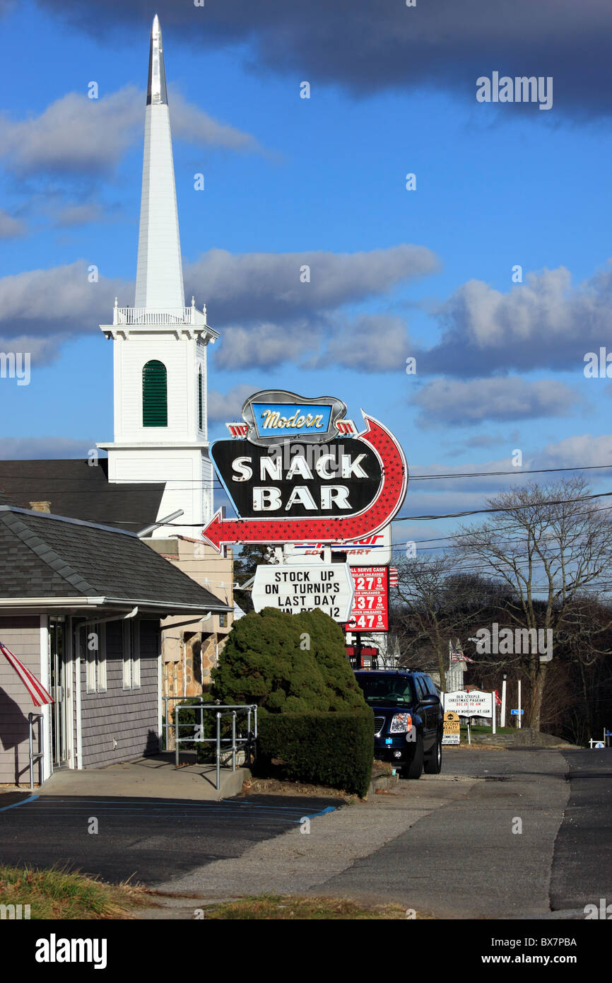 The Modern Snack Bar restaurant, and church steeple, Aquebogue, Long