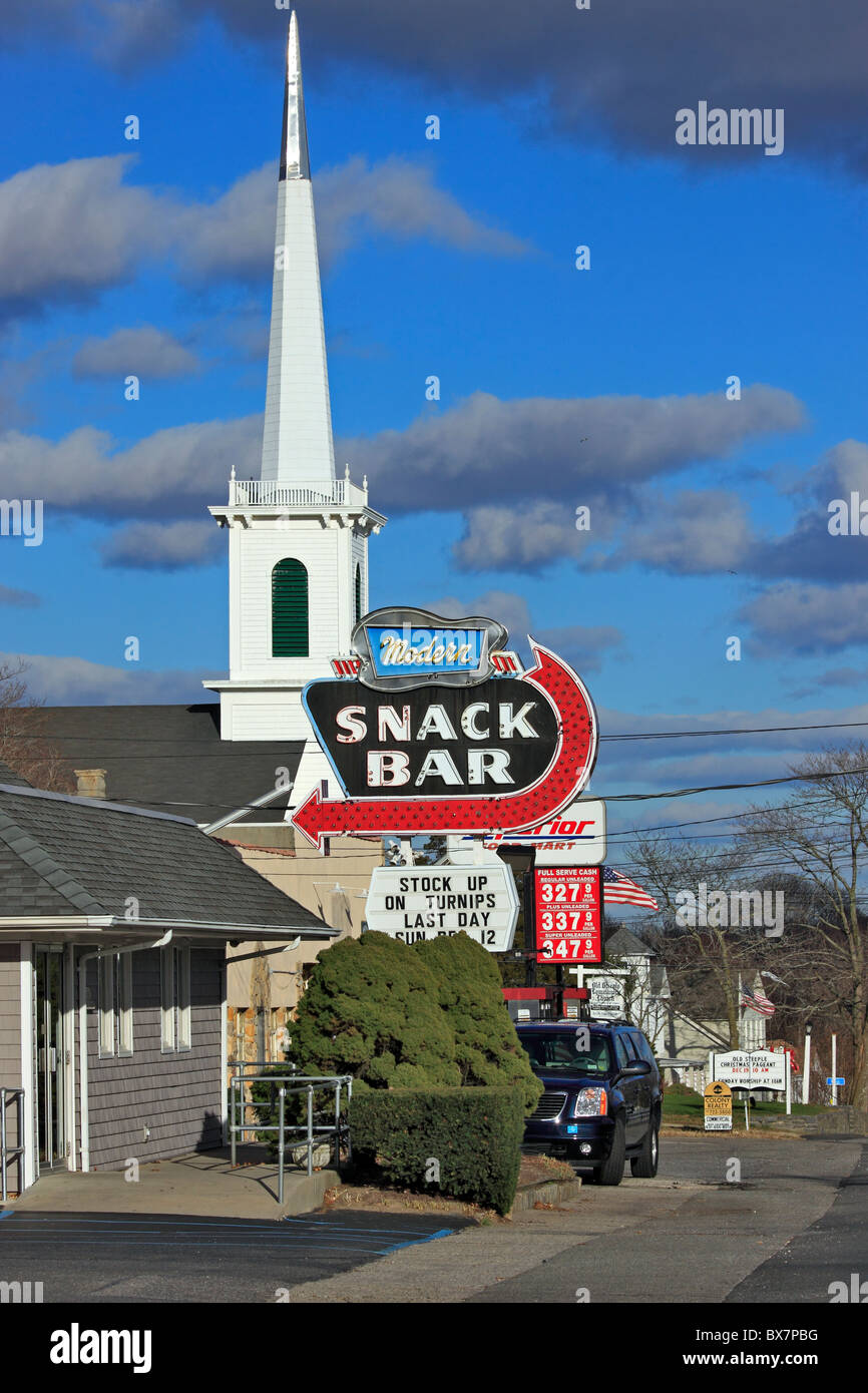 The Modern Snack Bar restaurant, and church steeple, Aquebogue Long