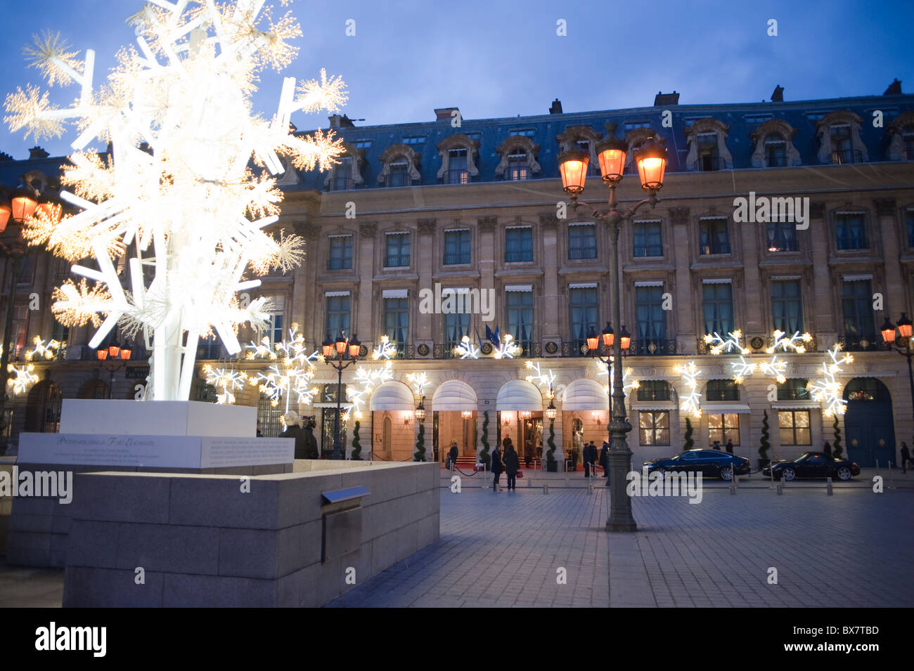 Paris, France, Exterior, Luxury Hotel, "The Ritz", Place Vendome, Night, Street, Town Square, Winter Stock Photo