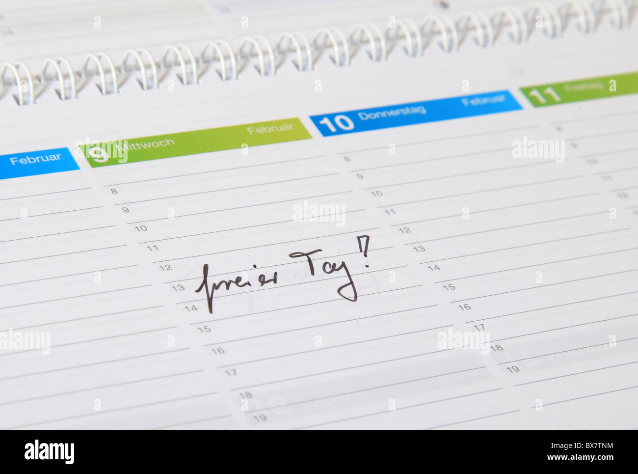A standard schedule. The german term  freier Tag is marked. (english: day off) Stock Photo