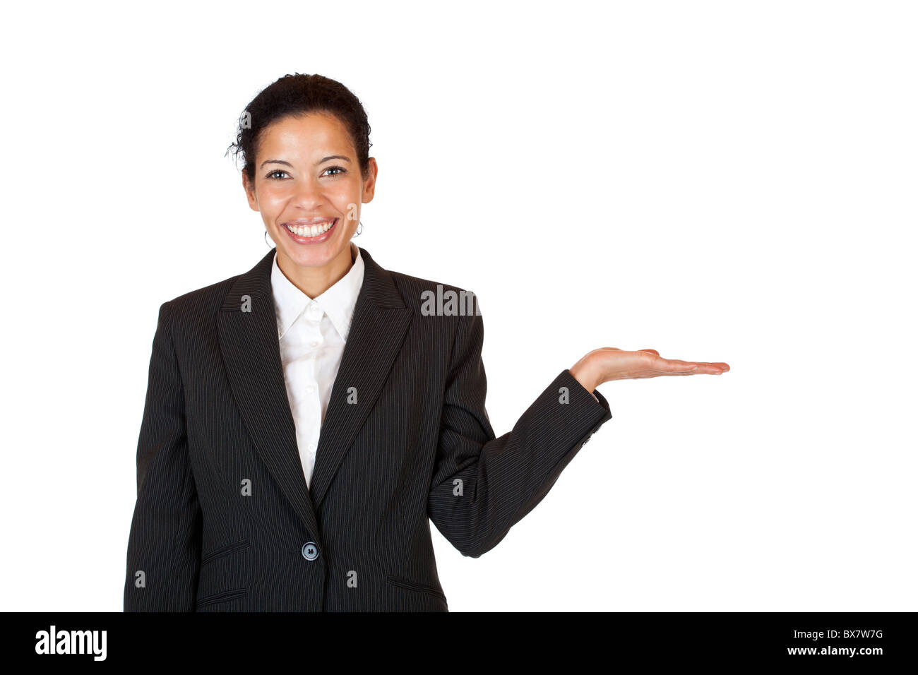 Young Attractive Woman Holds Palm For Blank Ad Space Isolated On
