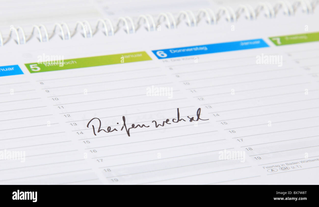 A calendar showing the german term Reifenwechsel. English translation; change of tyres. Stock Photo