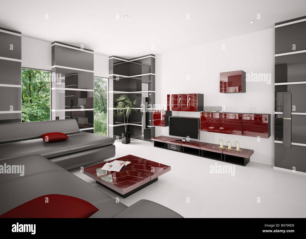 Modern living room with black sofa red table and LCD interior 3d render ...