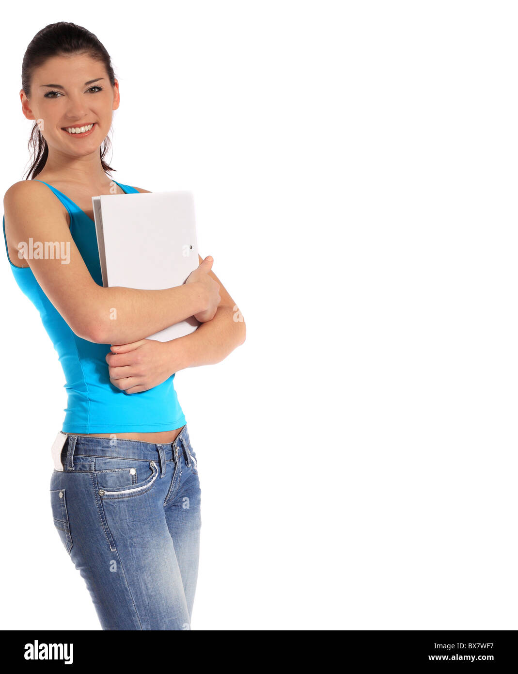 Attractive young student. Extra text space on right side. All on white background. Stock Photo