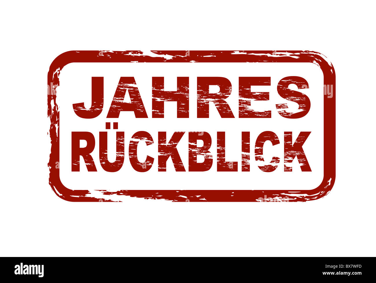 Stylized red stamp showing the german term Jahresrückblick. English