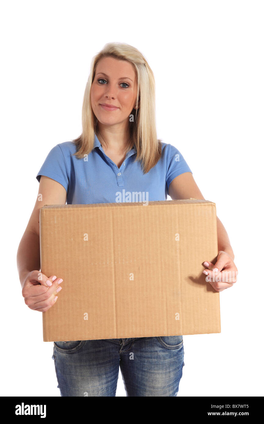 Attractive young woman carrying a moving box. All on white background. Stock Photo