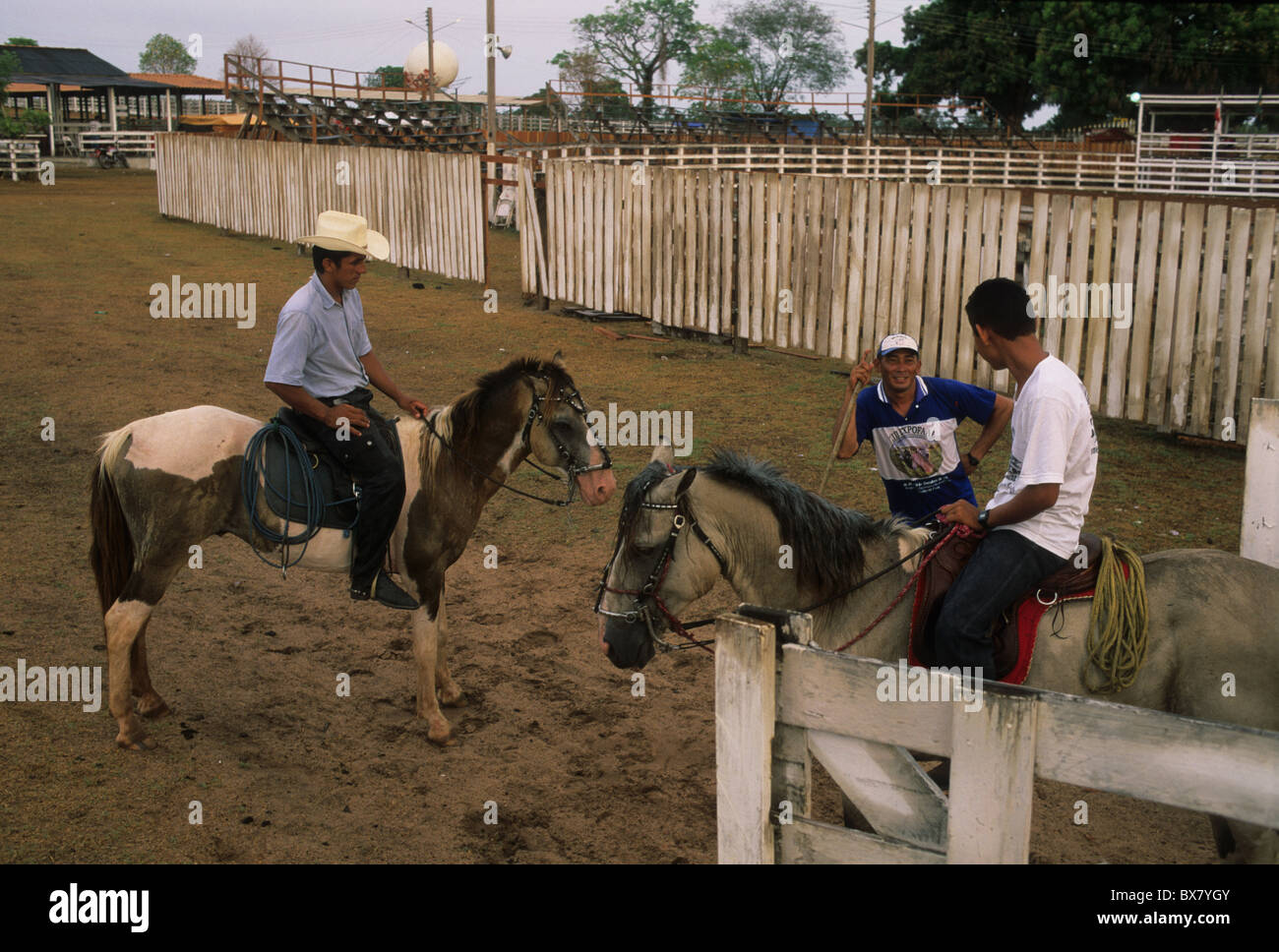 Riders talking on a ranch.ALENQUER State of Pará. BRAZIL (Amazon) Stock Photo