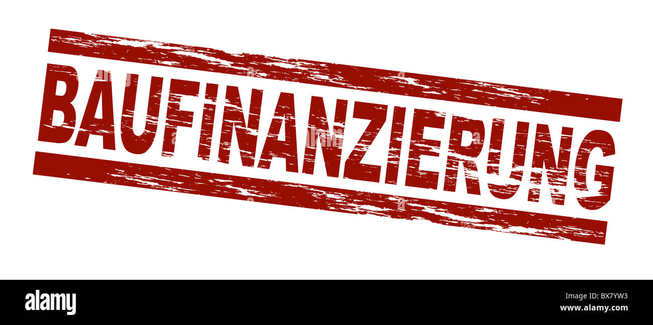 Stylized red stamp showing the german term Baufinanzierung. English translation: contruction financing. All on white background. Stock Photo