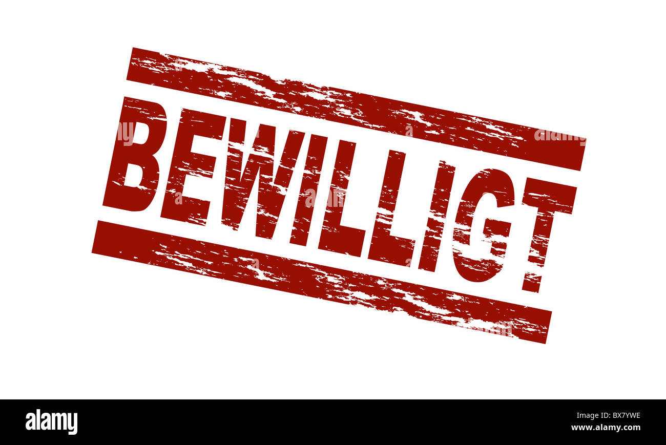 Stylized red stamp showing the german term bewilligt. English translation: approved. All on white background. Stock Photo