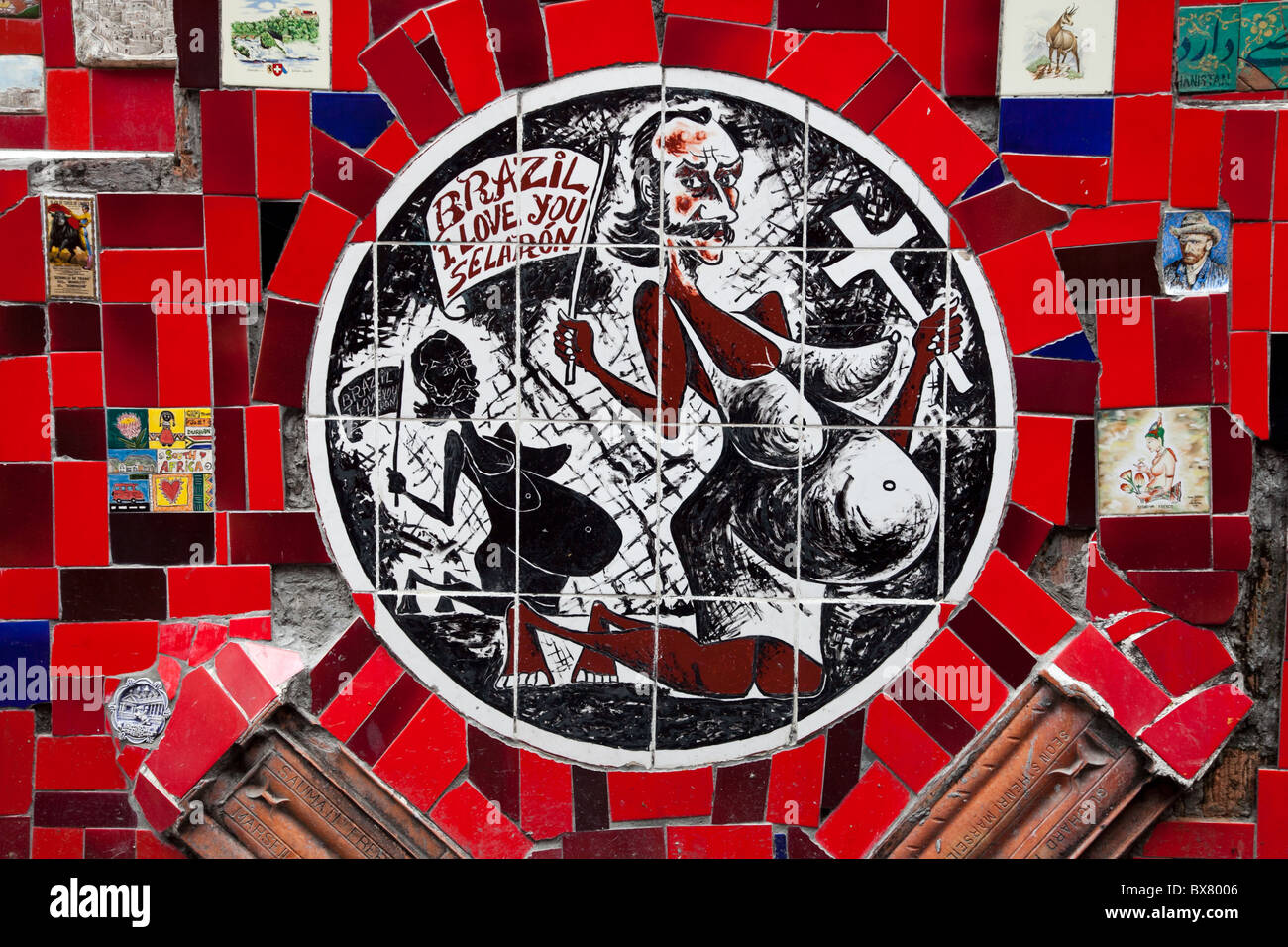 Jorge Selaron's self portrait on one of his colorful tile mosaics in Rio de Janeiro Stock Photo