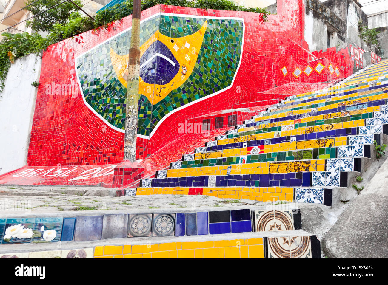 A mosaic tile Brazilian flag on the Escadaria Selarón in Rio de Janeiro, Brazil Stock Photo