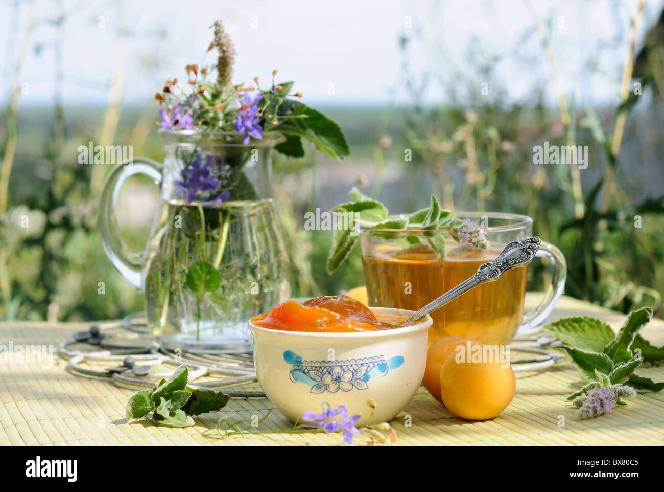 Apricot jam and mint tea Stock Photo