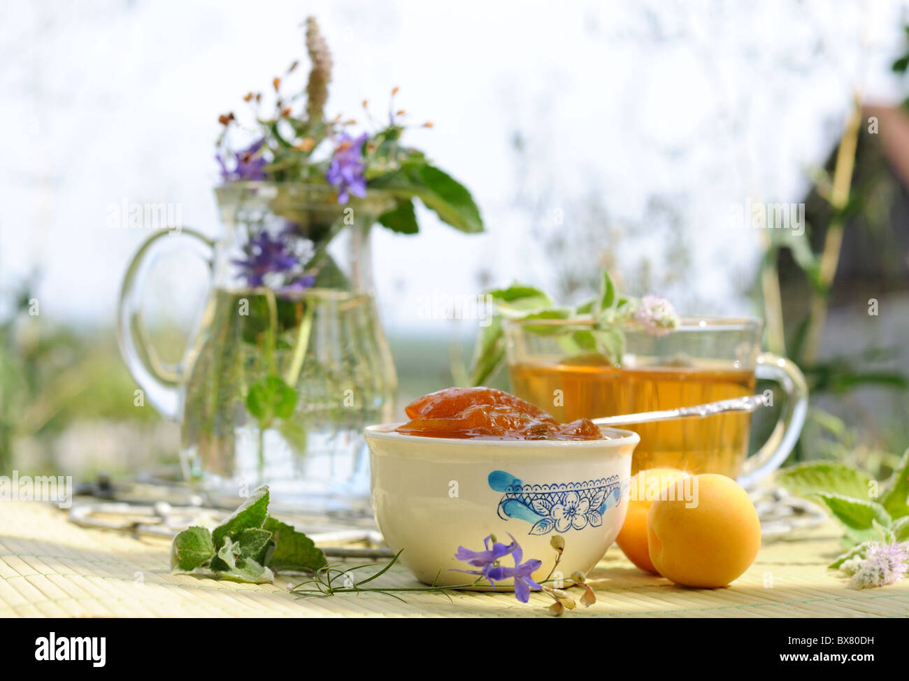 Apricot jam and mint tea Stock Photo