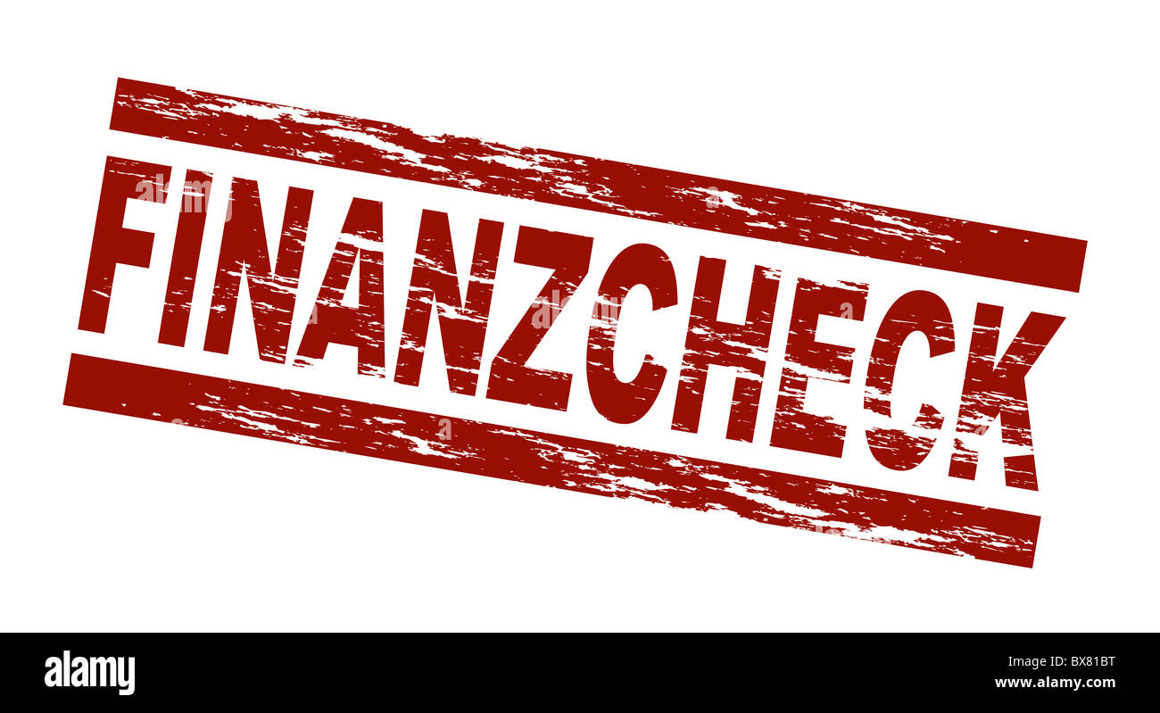 Stylized red stamp showing the german term Finanzcheck. English