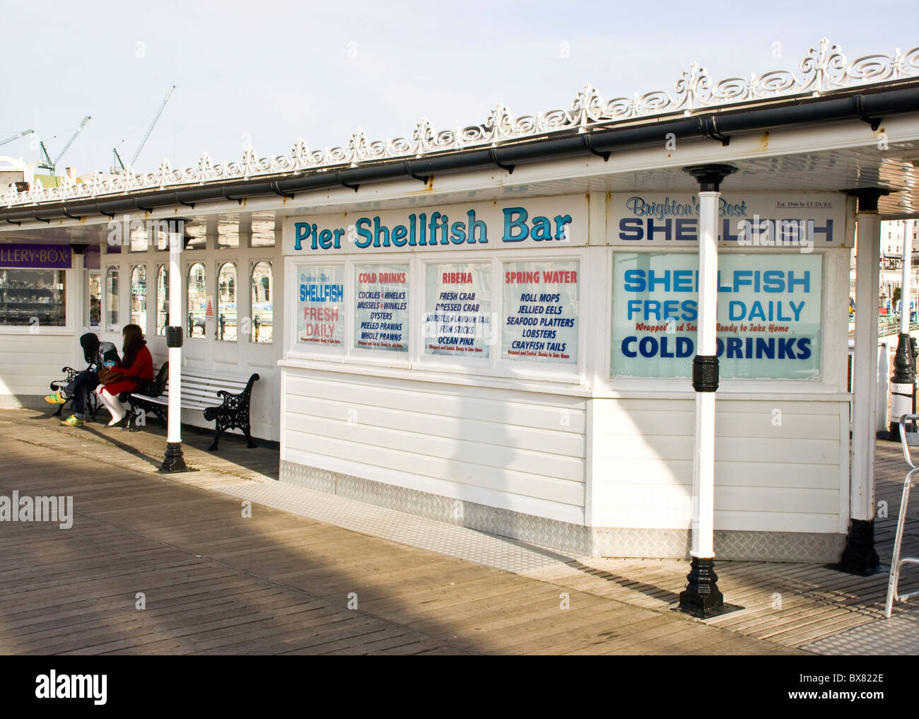 A traditional shellfish bar on Brighton Pier in winter Brighton Sussex ...