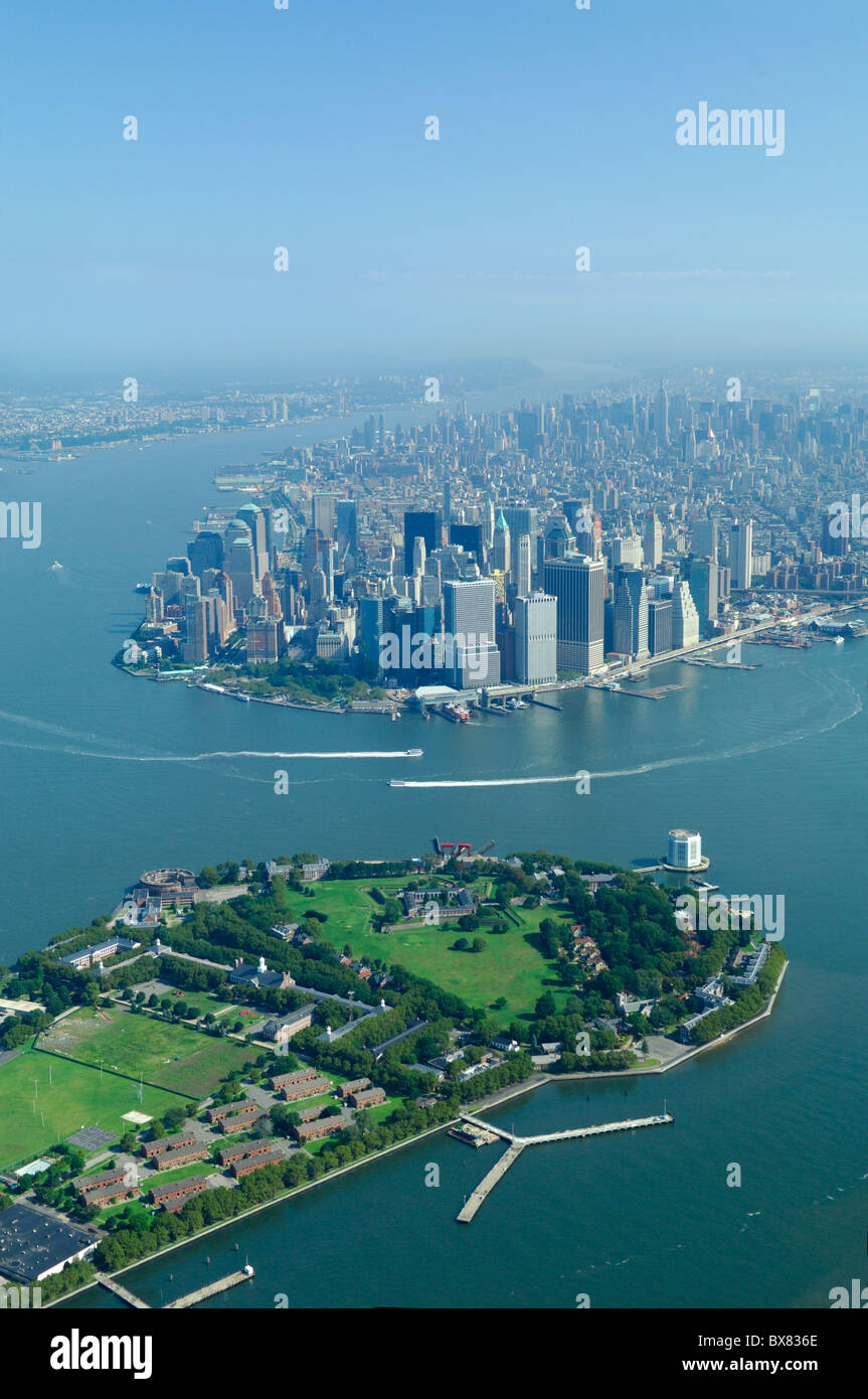 Aerial of Governors island and back South Manhattan, New York city, North America Stock Photo