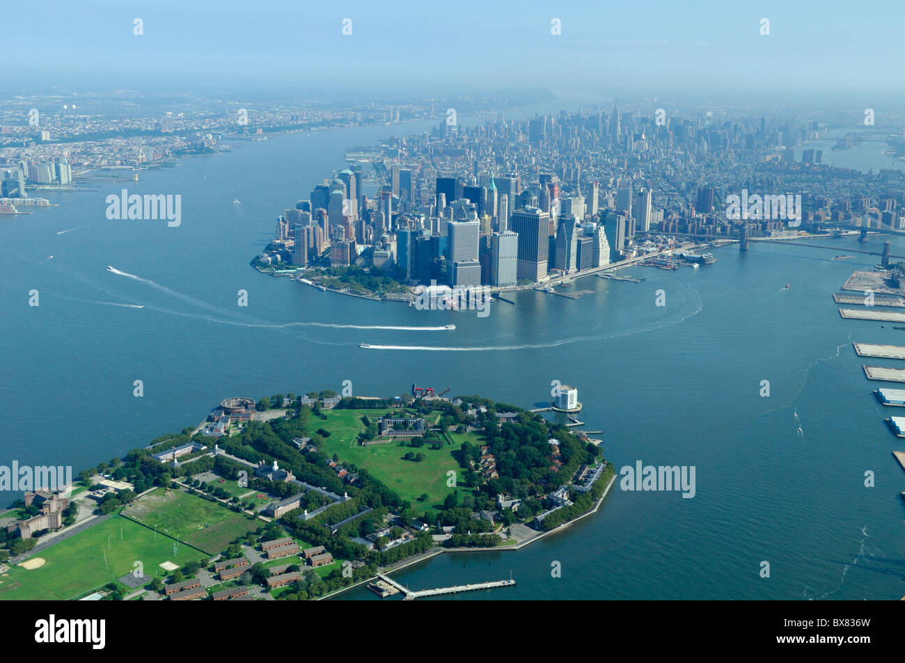 Aerial of Governors island and back South Manhattan, New York city, North America Stock Photo