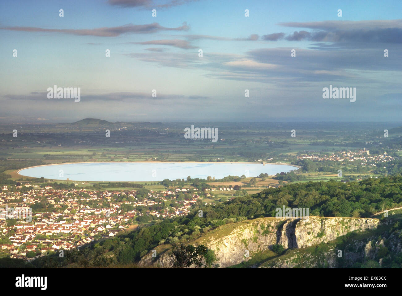 View from Chedder Gorge, looking accross the Somerset levels and Chedder Reservoir, Somerset Stock Photo
