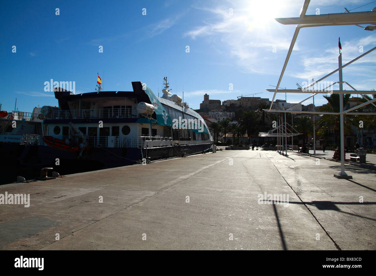 Ferry moored atthe harbor of Ibiza, Spain Stock Photo