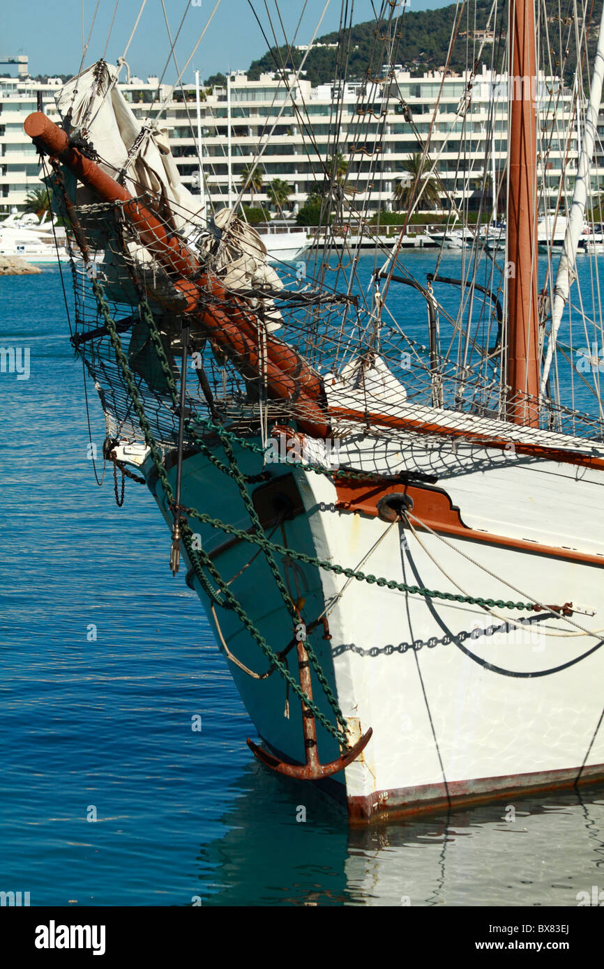 Detail view of bow and boom on a schooner (Tall ship) Stock Photo