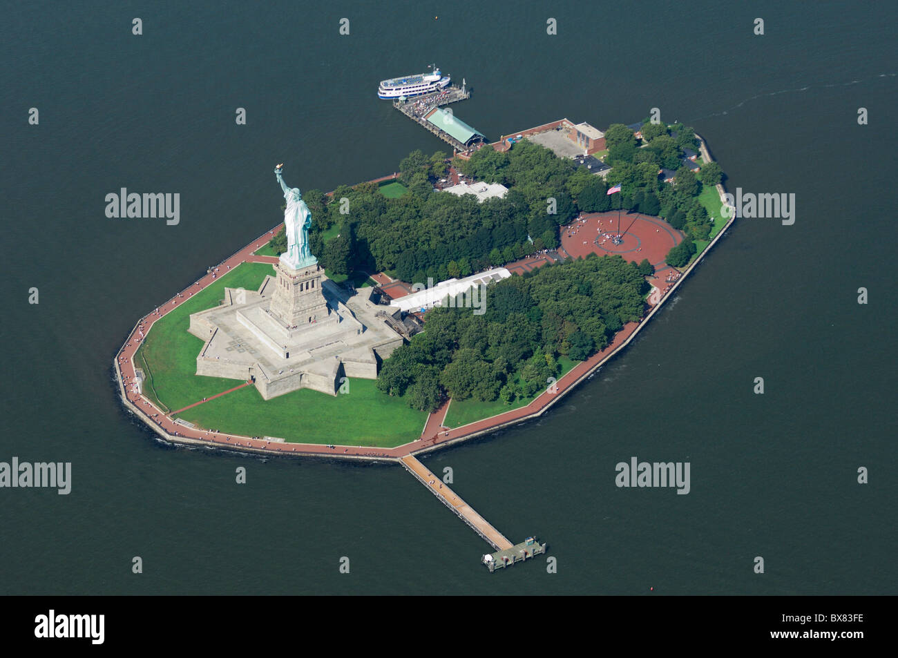 Aerial view of Liberty Statue island, New York bay, North america, USA Stock Photo
