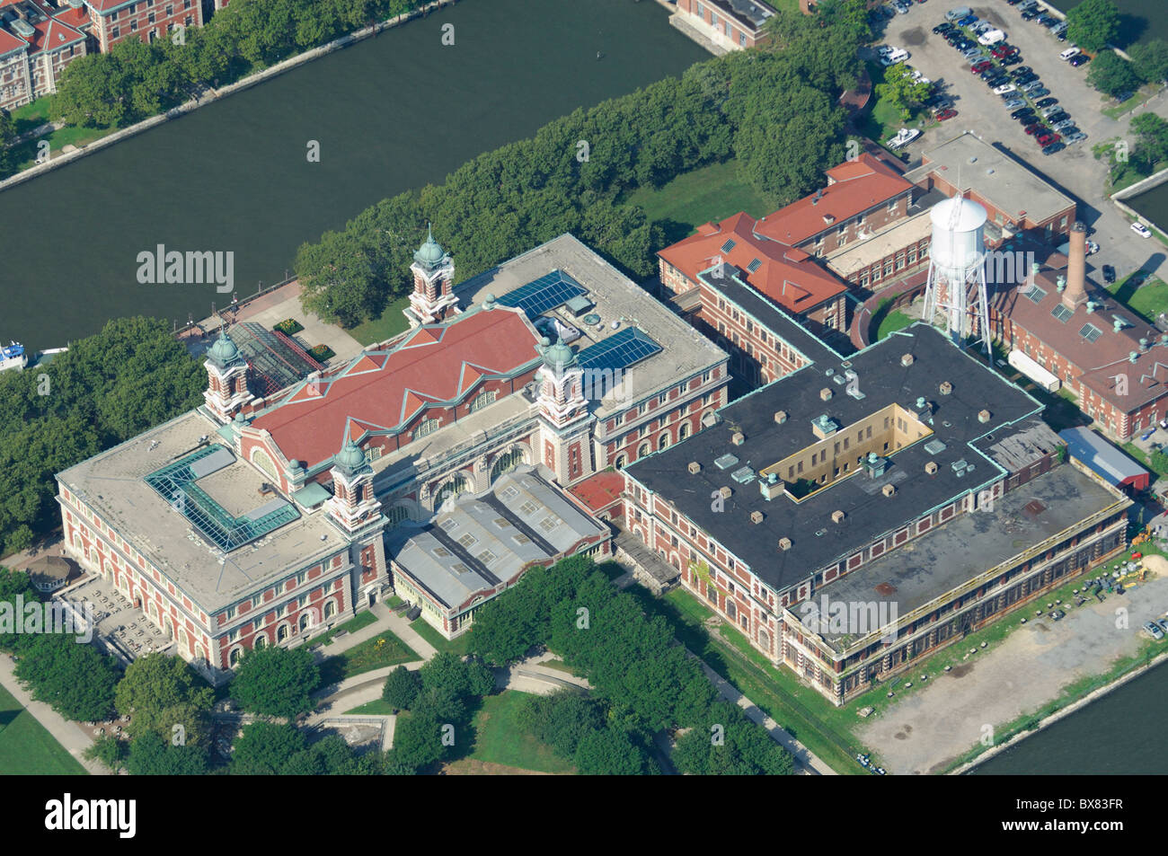 Aerial of Ellis island, historic Immigration station buildings, New Jersey , North america, USA Stock Photo