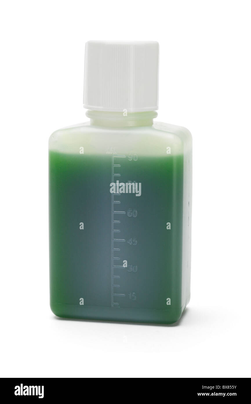 Green liquid medicine in plastic bottle on white background Stock Photo