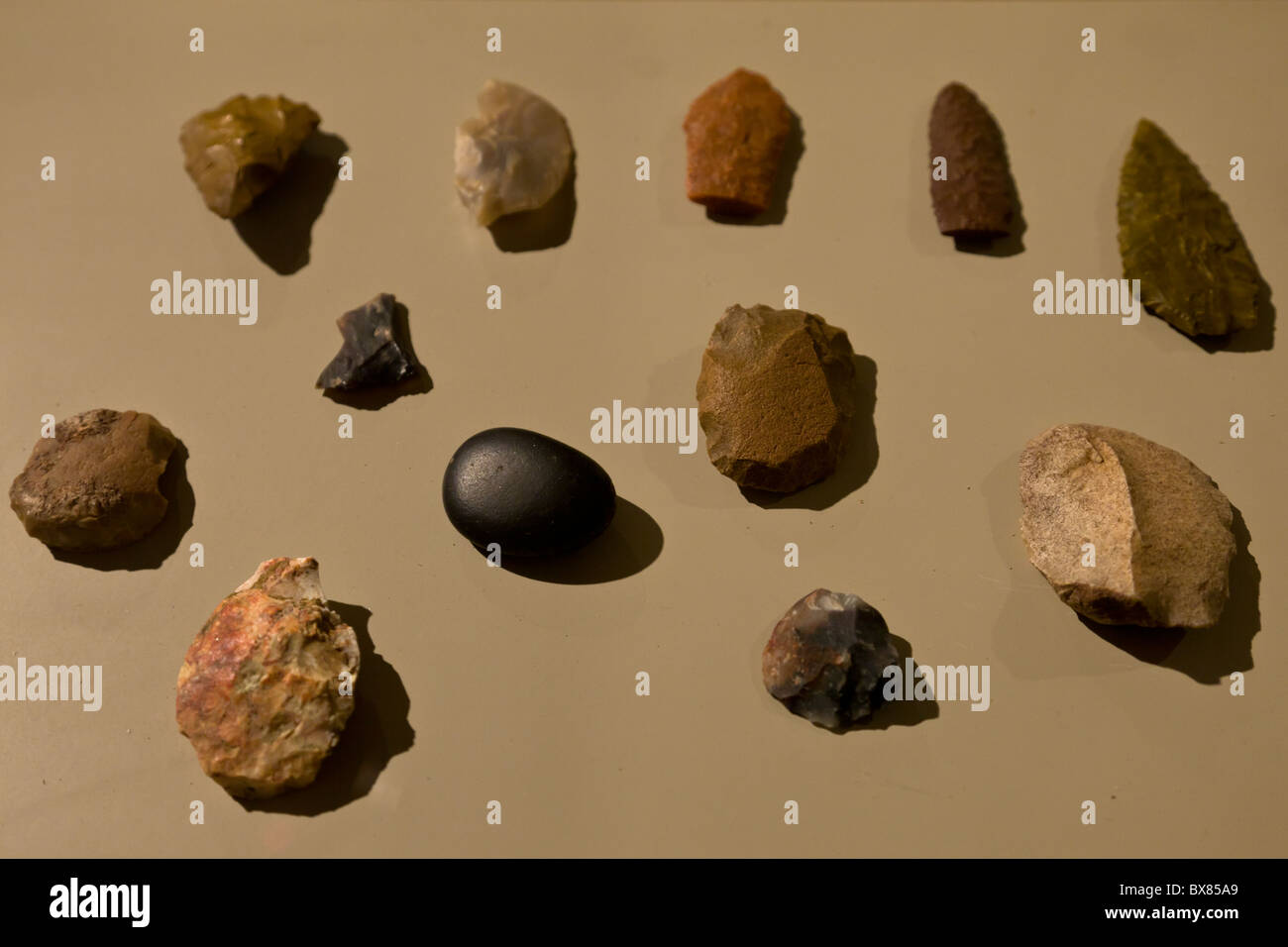 Chacoan stone tools, knives and scrapers, at the Chaco Culture National Historical Park, New Mexico, USA. Stock Photo