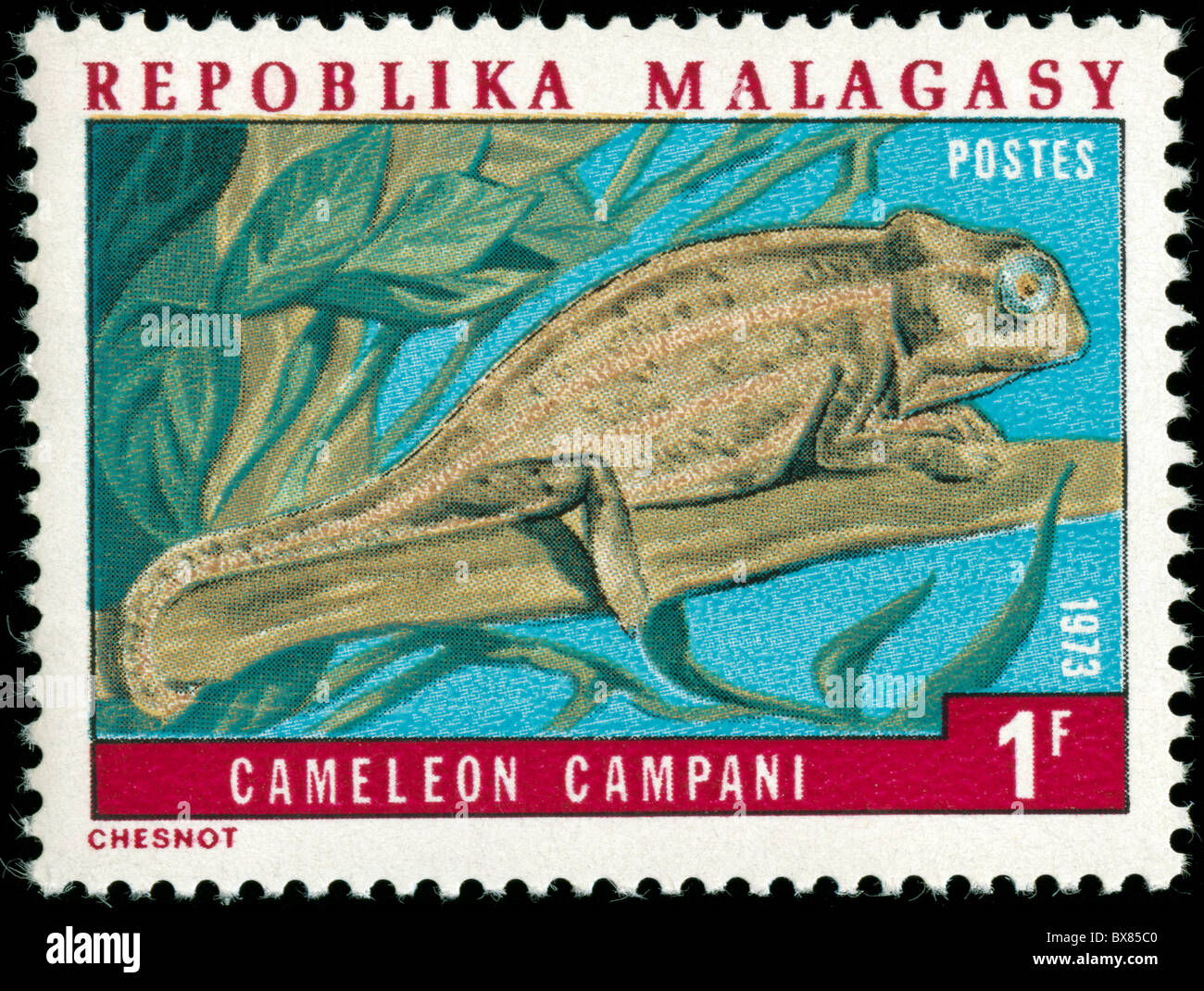 Stamp from Madagascar with picture of cameleon Stock Photo