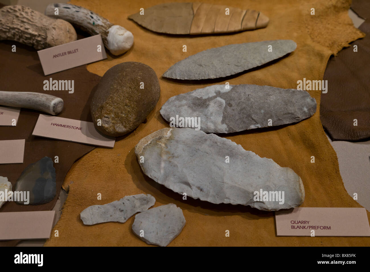 Variety of Mississippian stone tools including a Hammerstone and antler billet at Cahokia Mounds, Illinois, USA. Stock Photo