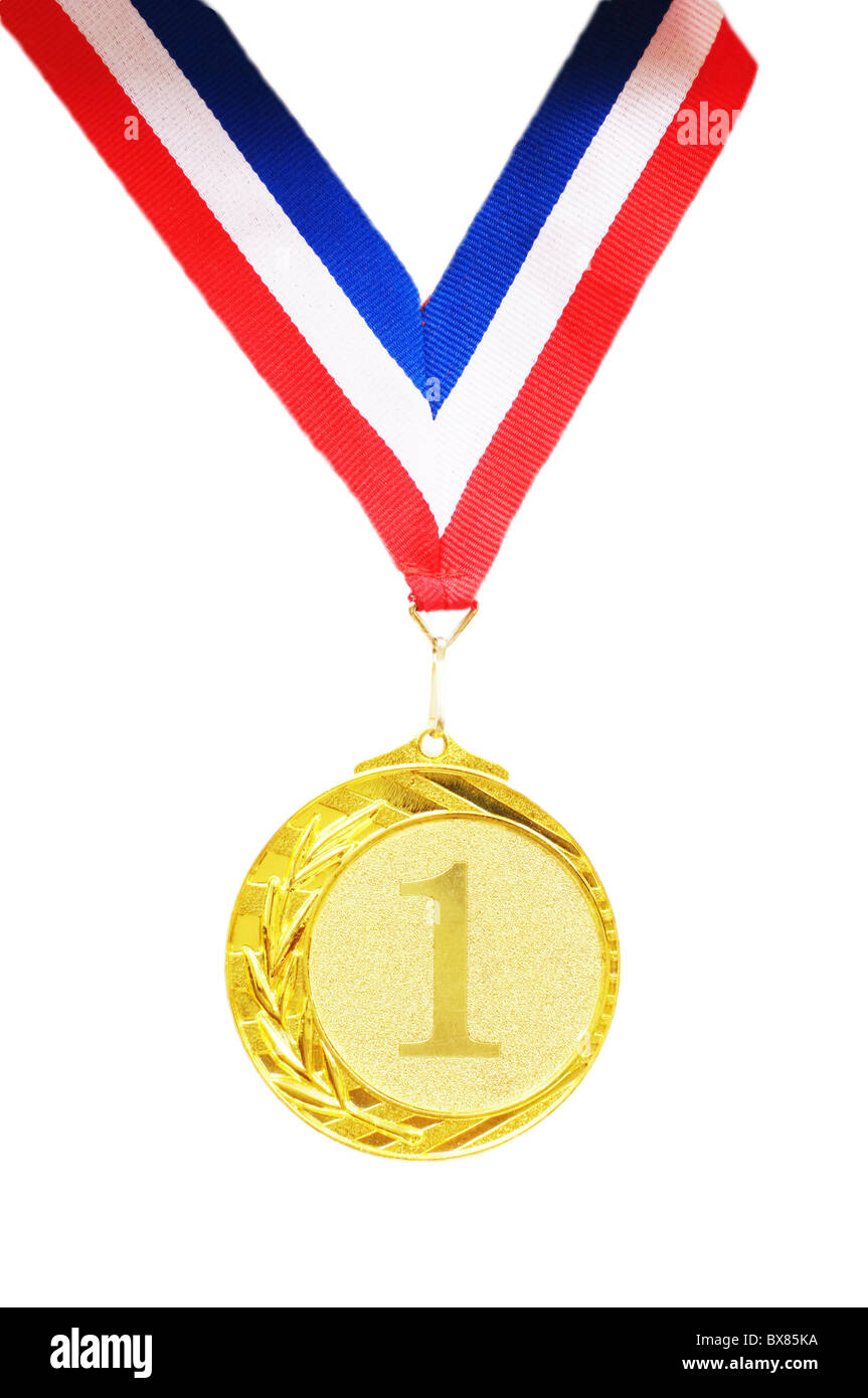 sports medal for one  plase on a wall on a white background Stock Photo