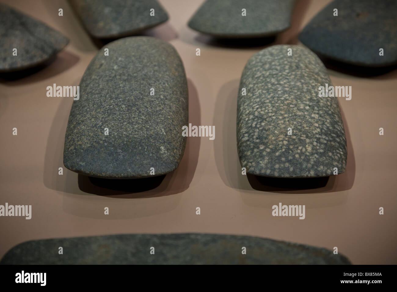 Mississippian Axe Heads or Celts, part of the Grossmann Axe Head Cache at Cahokia Mounds State Historic Site, Illinois, USA. Stock Photo