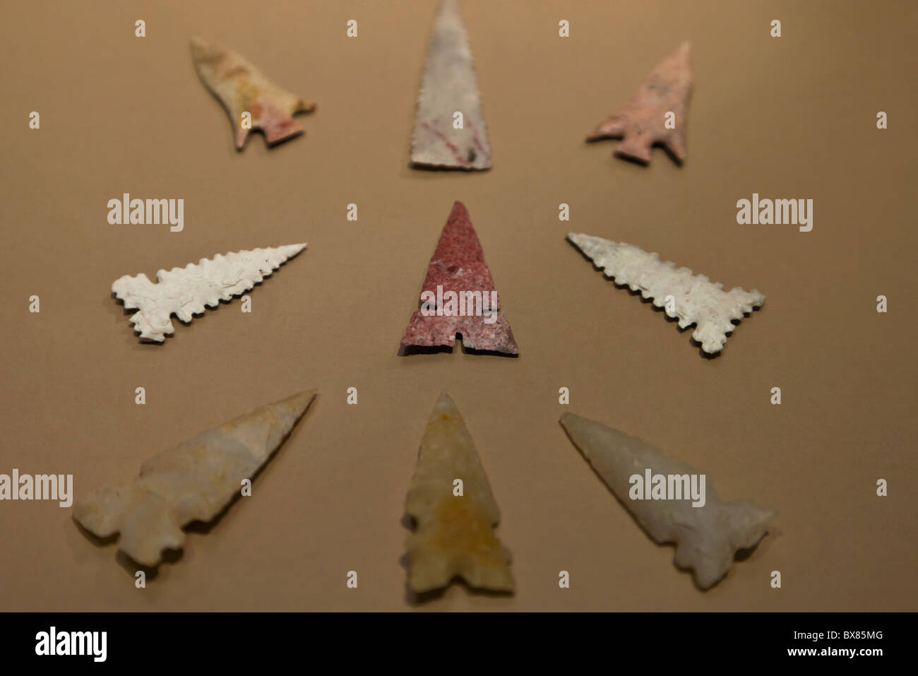 Serrated and notched points or arrowheads left by the Mississippian culture at Cahokia Mounds State Historic Site, Illinois. Stock Photo