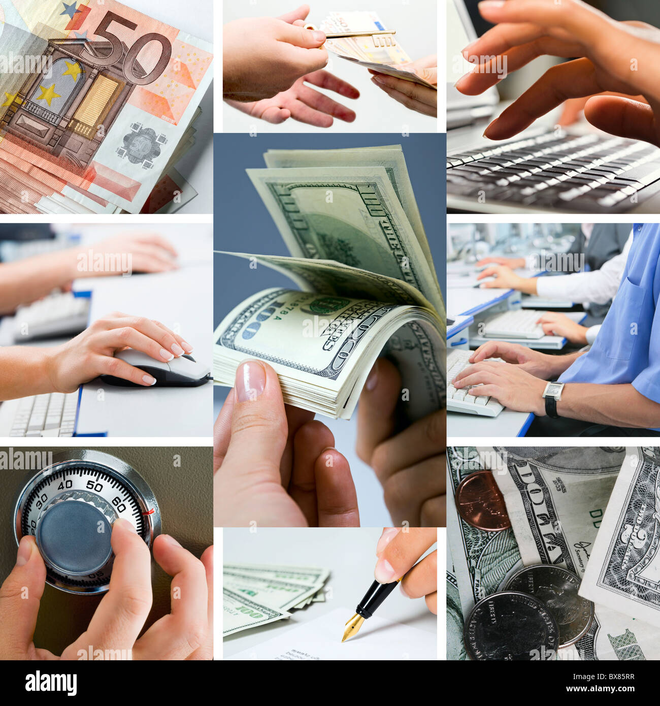 Conceptual image - grid of business photos: white collars’ money Stock Photo