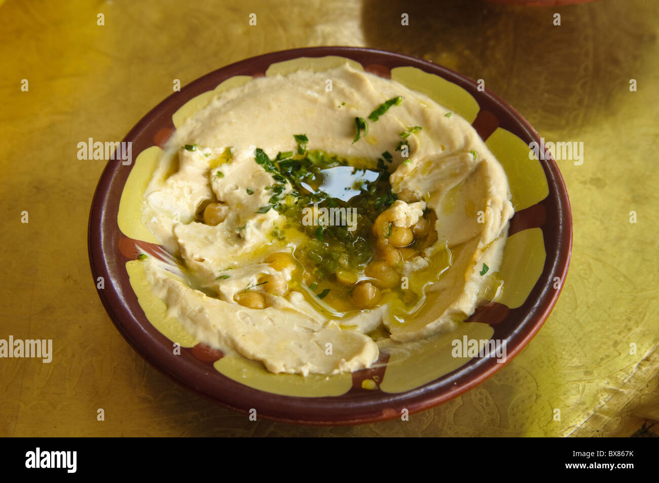 delicious plate of hummus in a restaurant in old Jerusalem Stock Photo