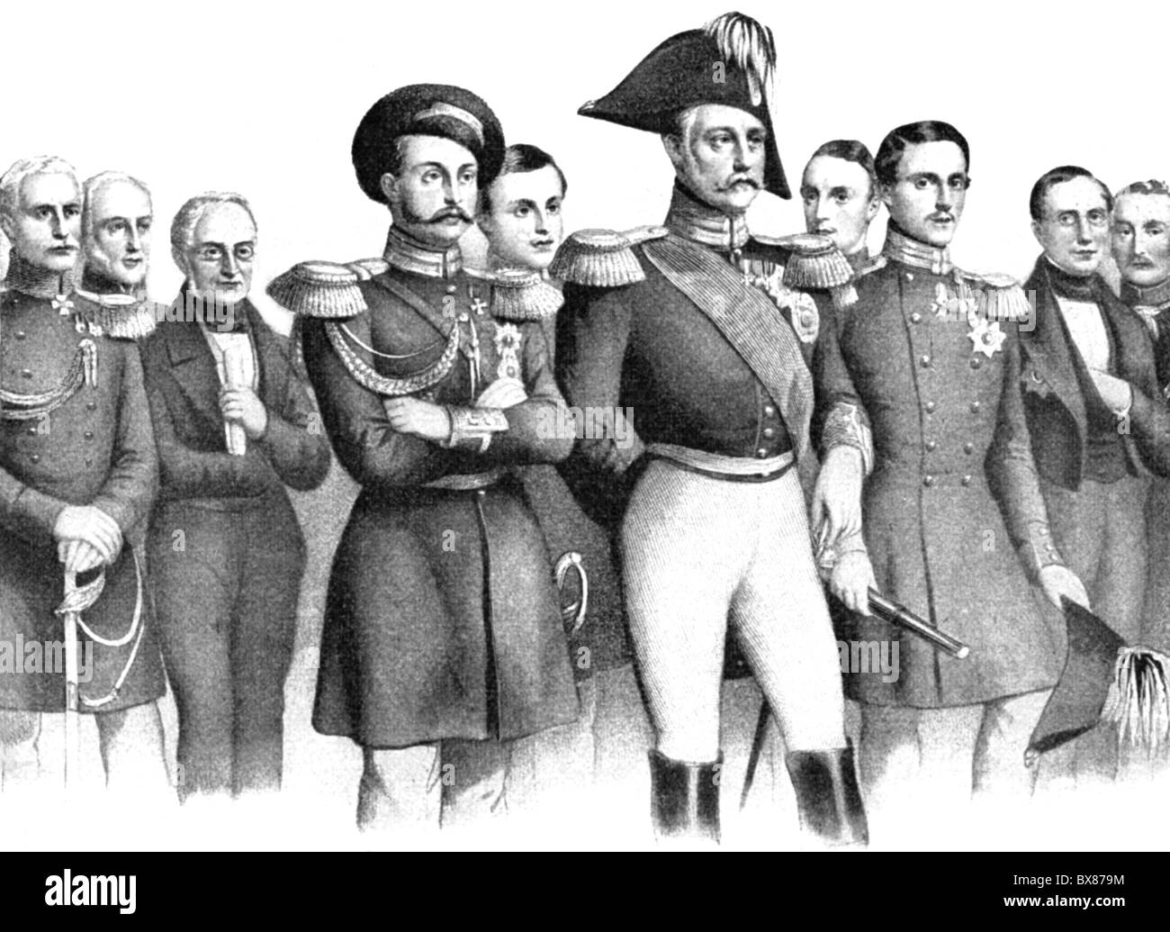 Nicholas I Pavlovich, 6.7.1796 - 2.3.1855, Emperor of Russia 19.11.1825 - 2.3.1855, with Prince Alexander Sergeyevich Menshikov, Karl Robert Count of Nesselrode, Grand Duke Alexander Nikolayevich, Grand Duke Constantine Nikolayevich, lithograph by Alophe, 1854, , Stock Photo