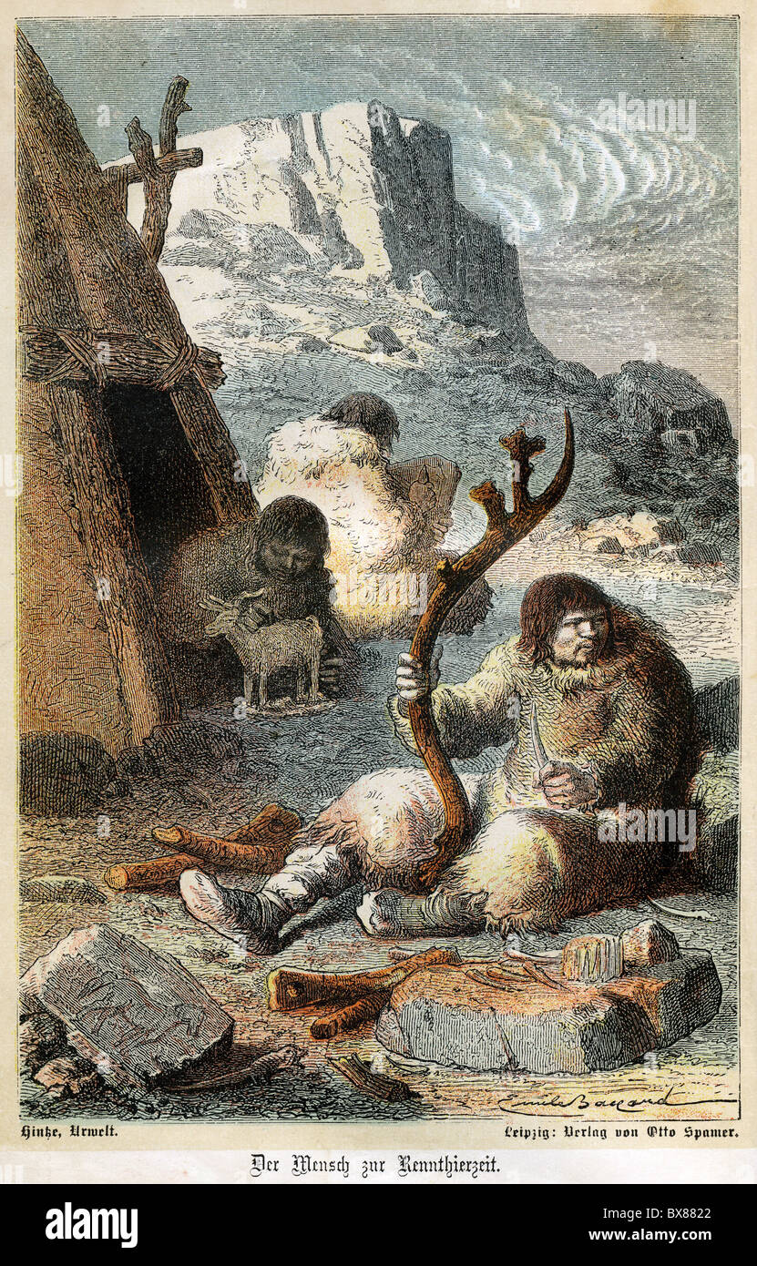 prehistory, people, prehistoric family in front of their tent, man making tools from reindeer horn, wood engraving, coloured, circa 1870, Additional-Rights-Clearences-Not Available Stock Photo